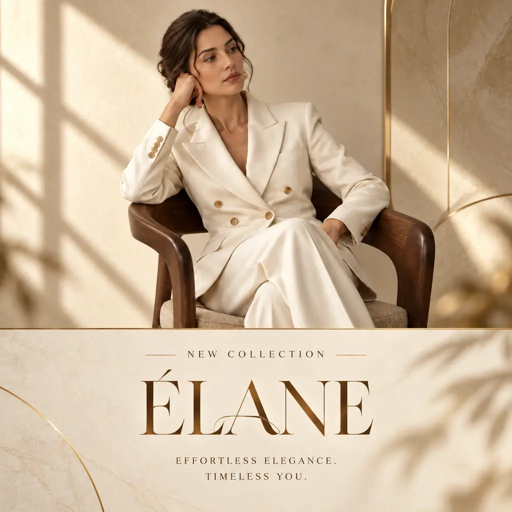 An "Élane" new-collection ad designed by Kognie: a model in a cream suit above the wordmark, framed in gold lines.