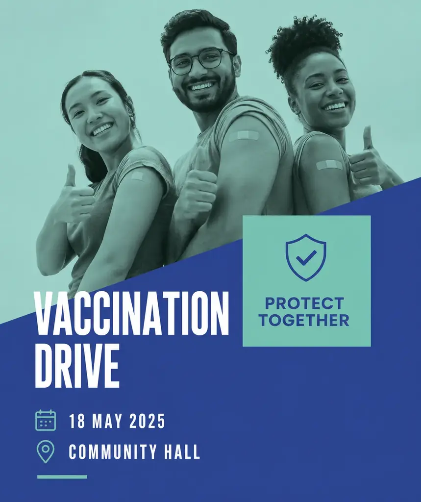 A vaccination drive poster designed by Kognie: three smiling people giving a thumbs up and showing bandaged arms, with "Protect together, 18 May 2025, Community Hall".