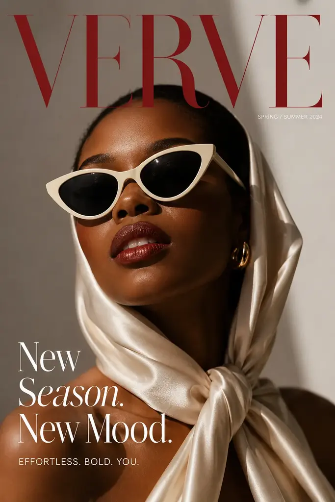 A "Verve" magazine cover designed by Kognie: a model in cat-eye sunglasses and a satin headscarf, captioned "New season. New mood."